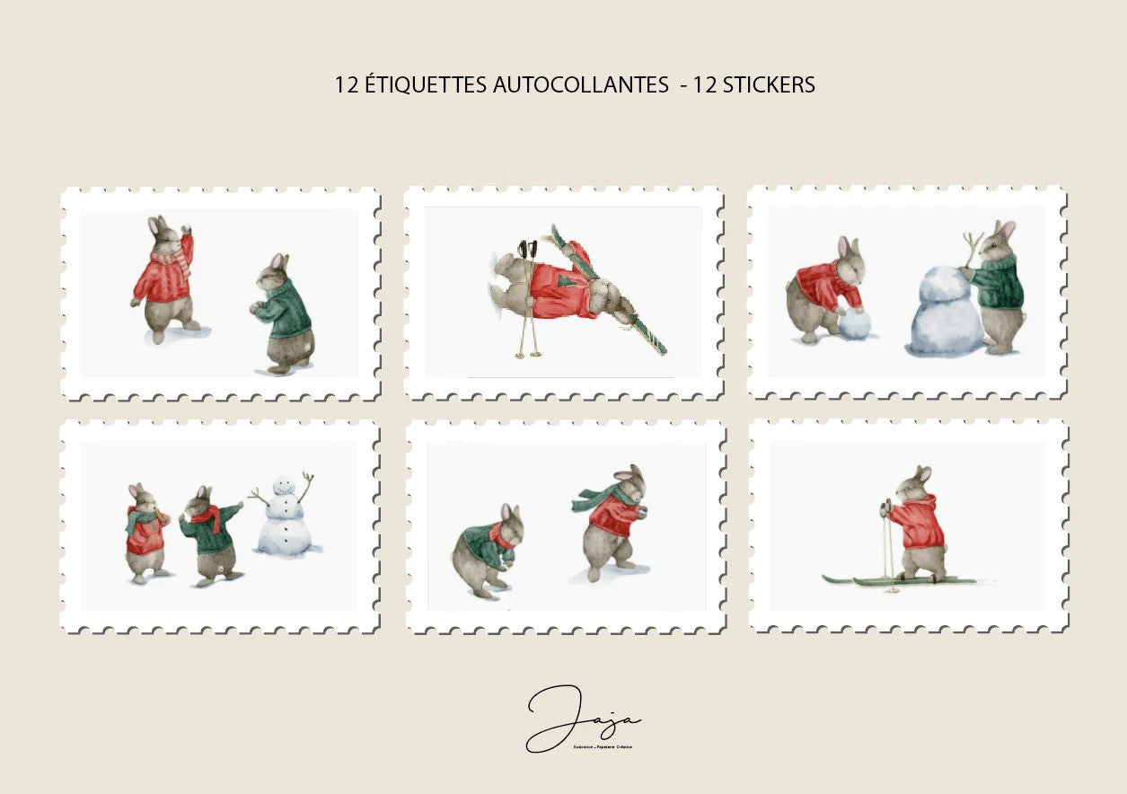 Autocollants - La famille lapin au ski