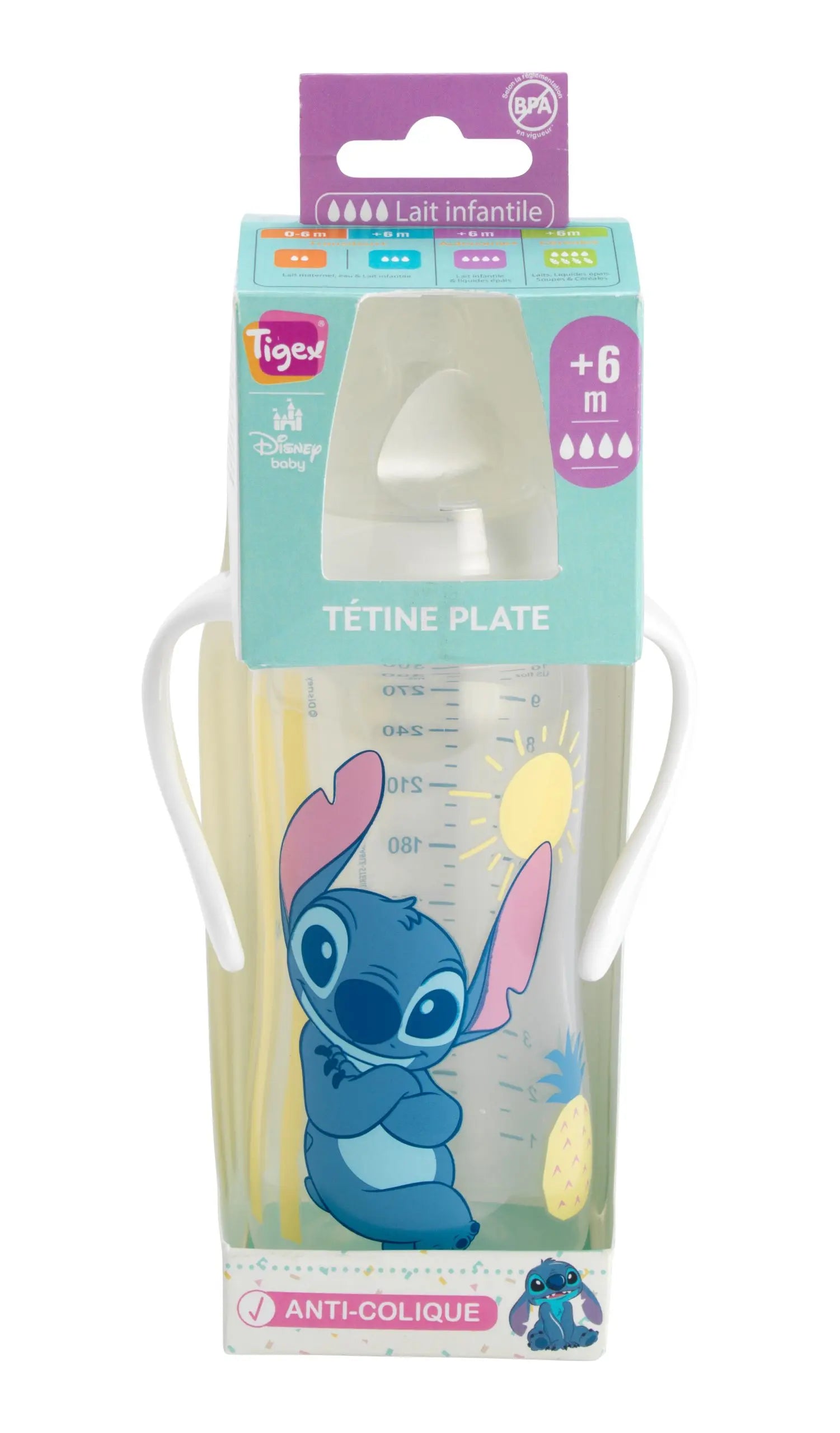 Biberon Tétine Plate à poignées amovibles 300ml Stitch